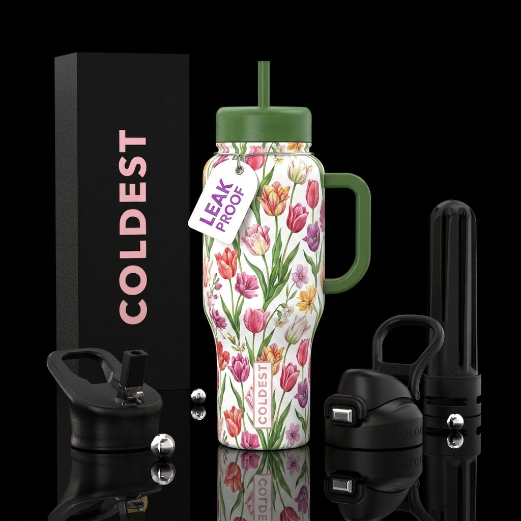 A combination of tulips and flowers and stems with... water bottle design