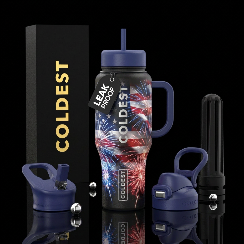 American flag on a black bottle,  with fireworks b... water bottle design
