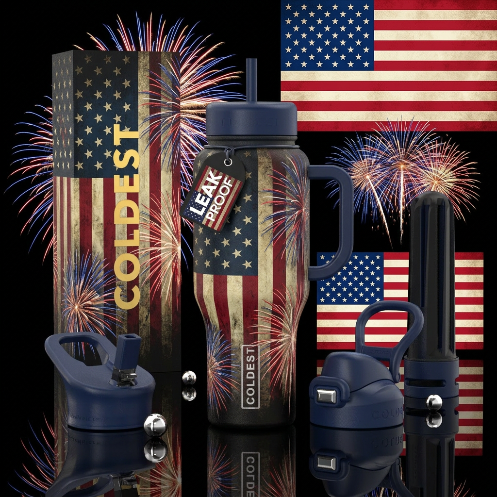 American flag on a black bottle,  with fireworks b... water bottle design