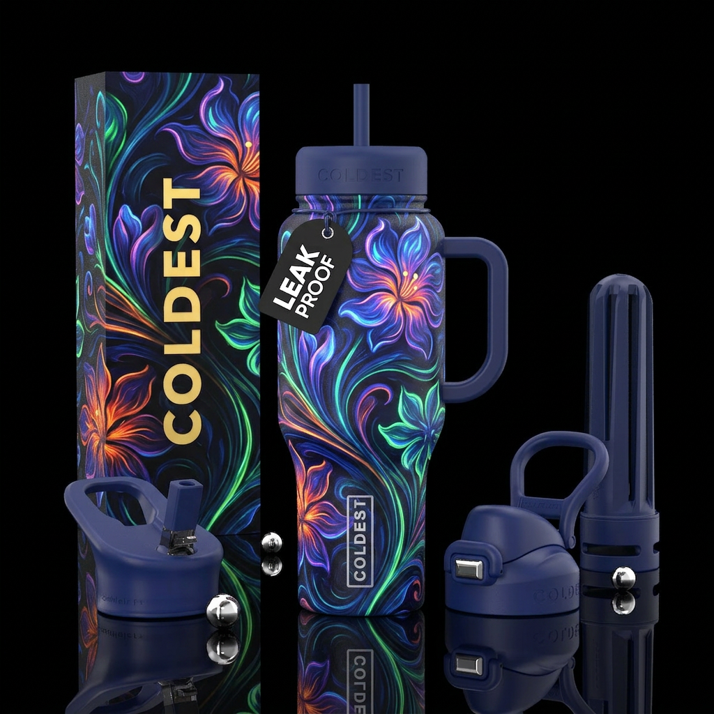 Flowers, spiraling around the bottle, glowie, oil ... water bottle design