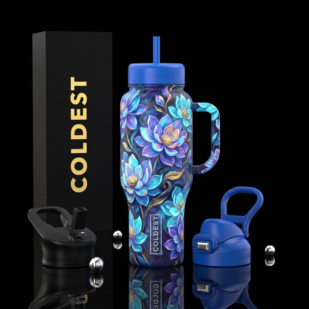 Flowers, spiraling around the bottle, glowie, oil ... water bottle design