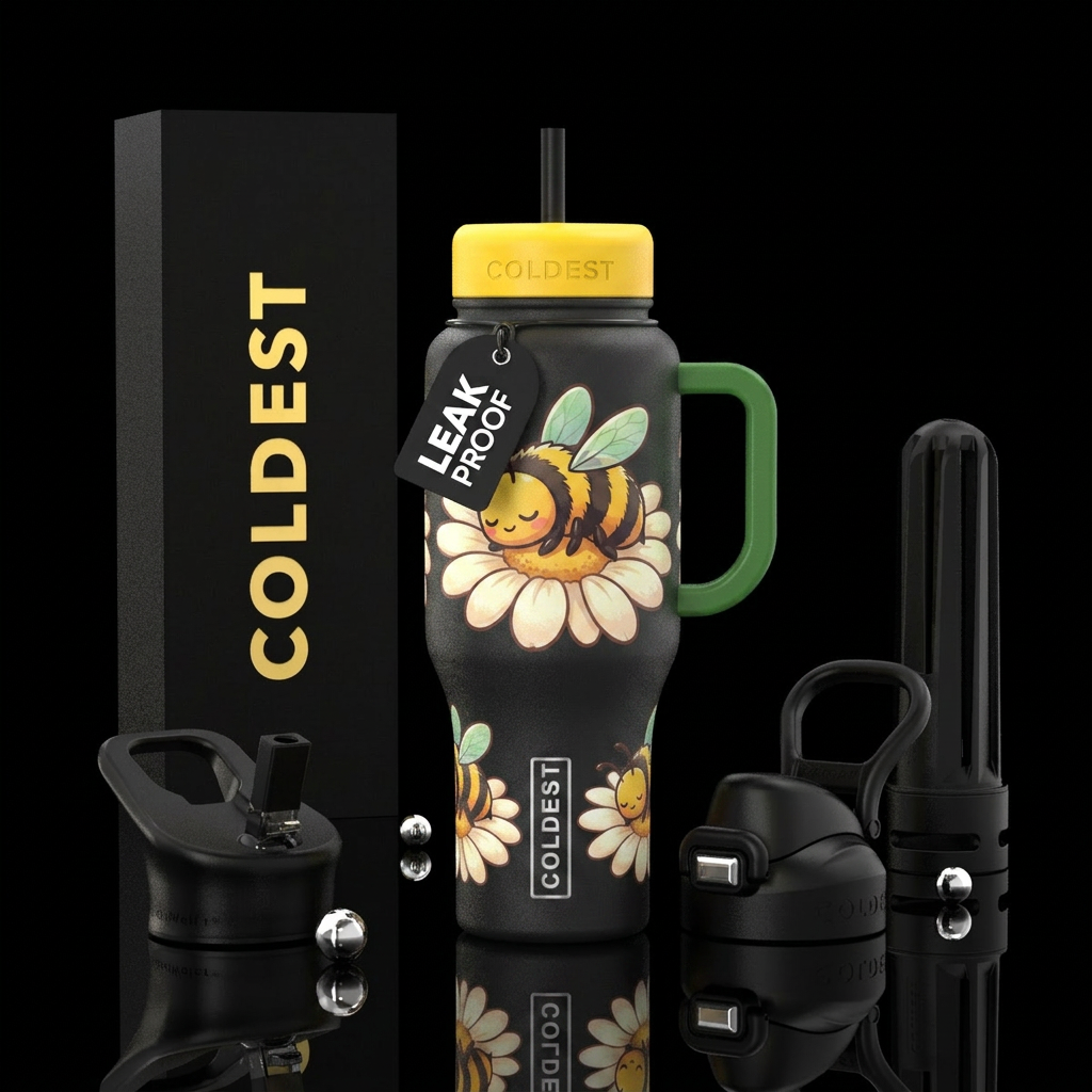 Cute Bumblebee sleeping on a daisy flower water bottle design