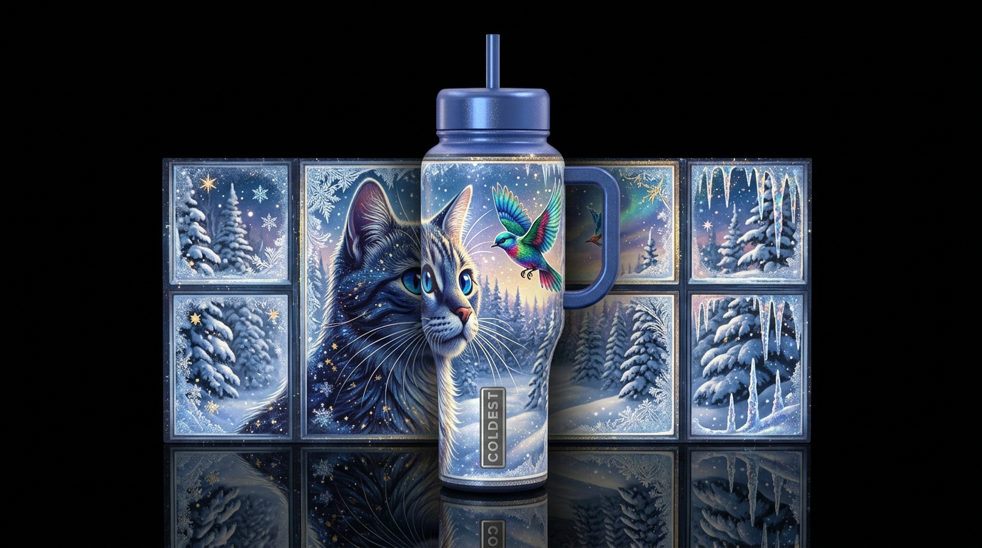 cat looking out a windows at a bird. Winter wonder... water bottle design