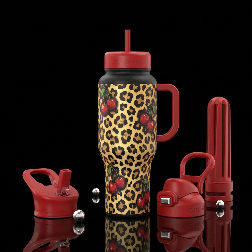 Leopard print on a Black Bottle 1950s Style with c... water bottle design