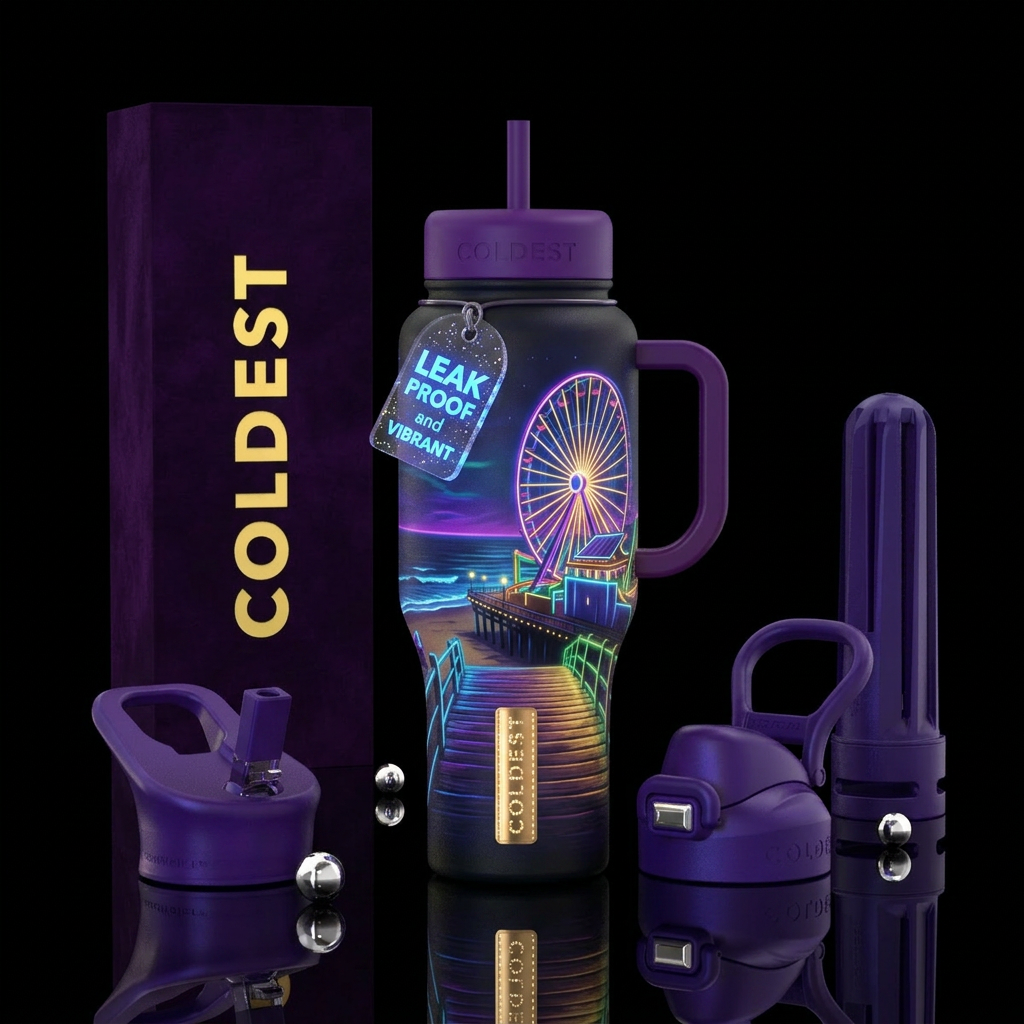 Ferris wheel on the boardwalk with beach in the ba... water bottle design