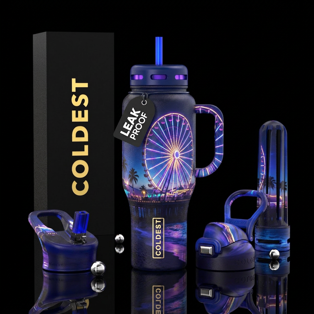 Ferris wheel on the boardwalk with beach in the ba... water bottle design