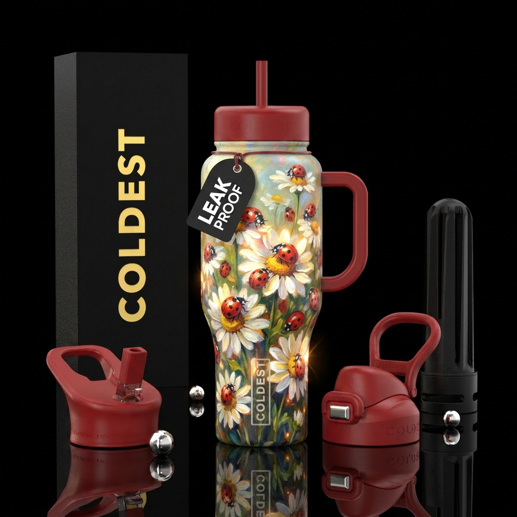 Ladybugs,  on daisies, beautiul, glowie, oil paint... water bottle design