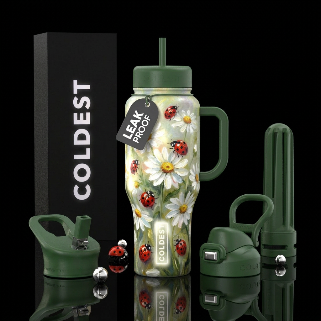 Ladybugs,  on daisies, beautiul, glowie, oil paint... water bottle design