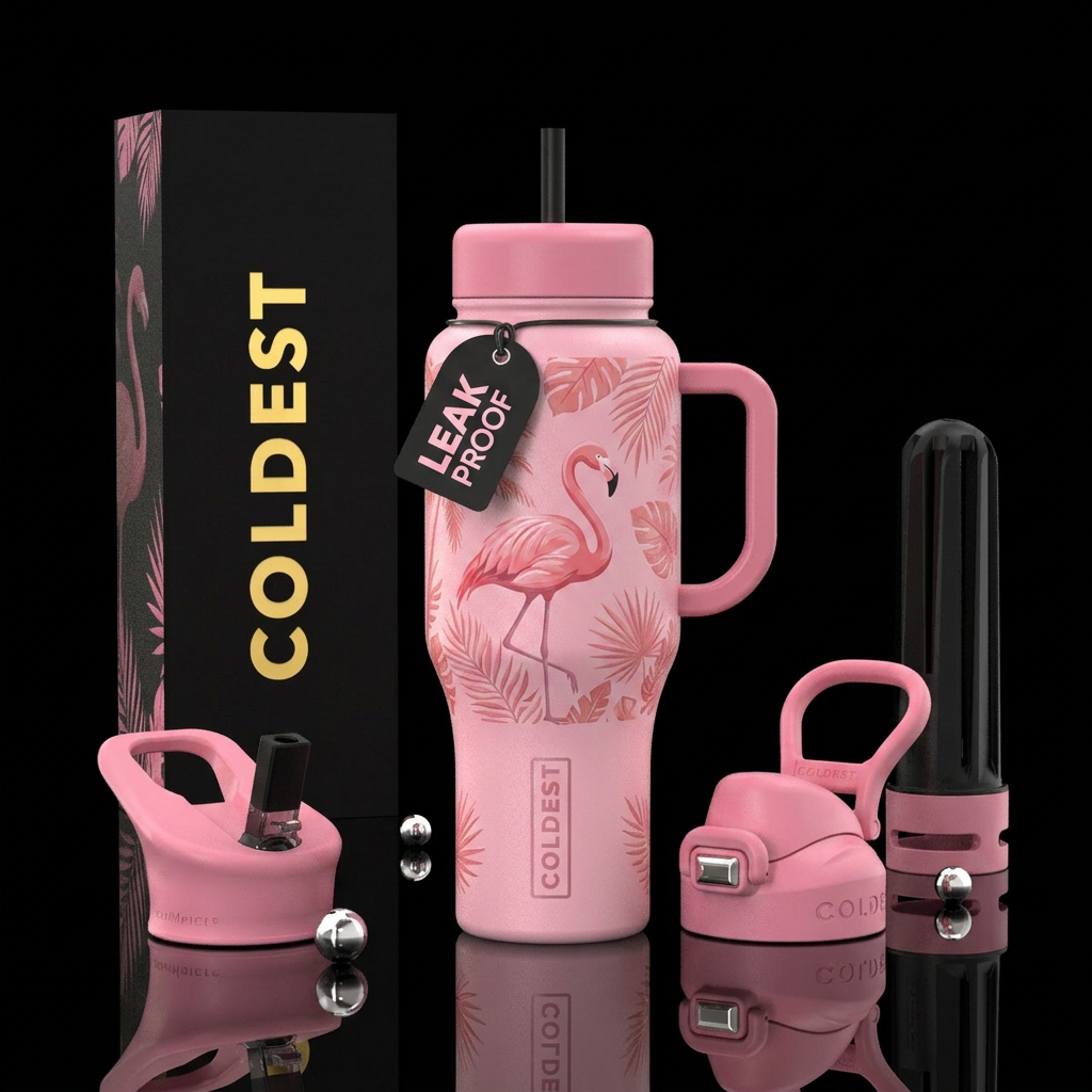 Pink flamingo, on a black matte bottle,  summer vi... water bottle design