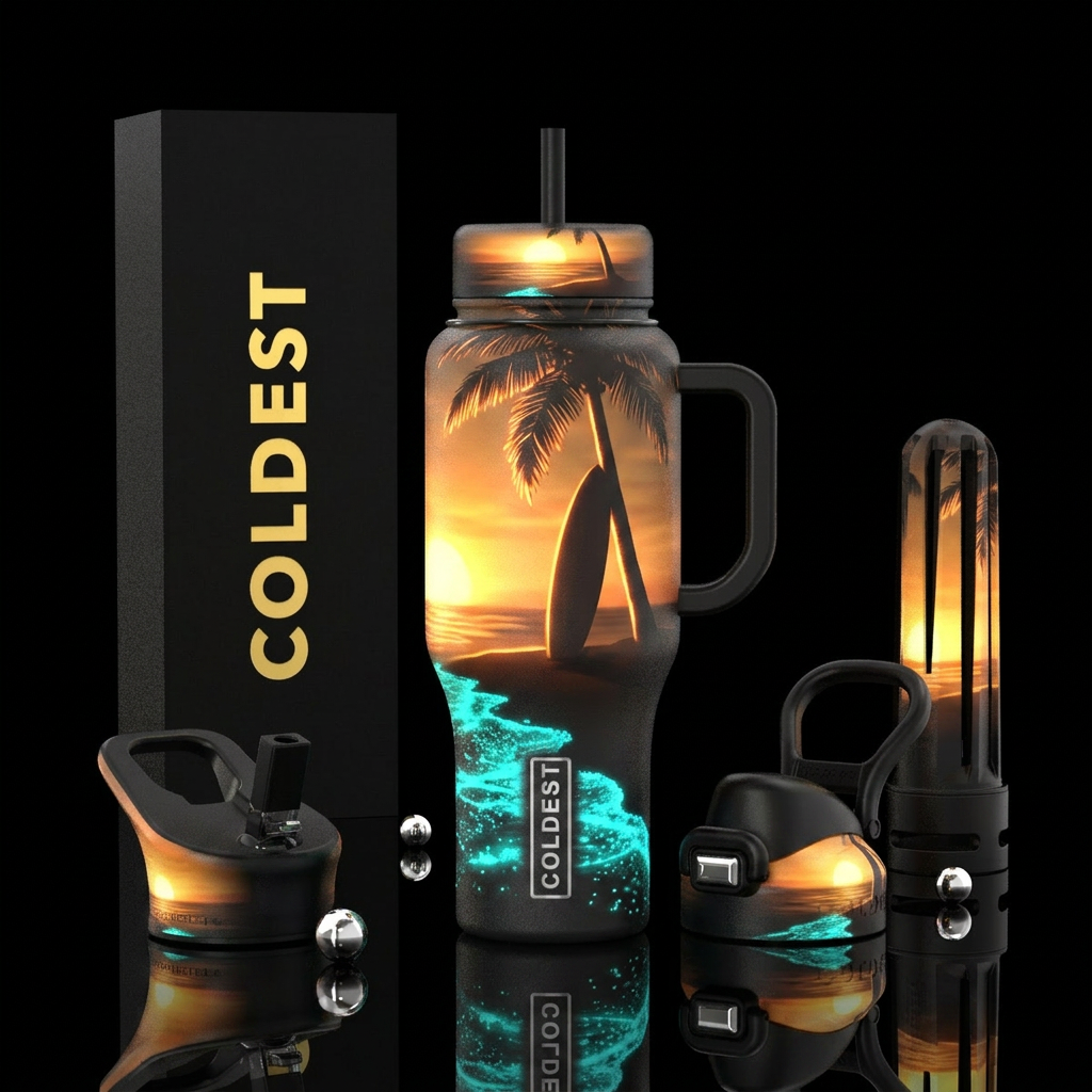 Beach, surfboard leaning against a palm tree. Sun ... water bottle design