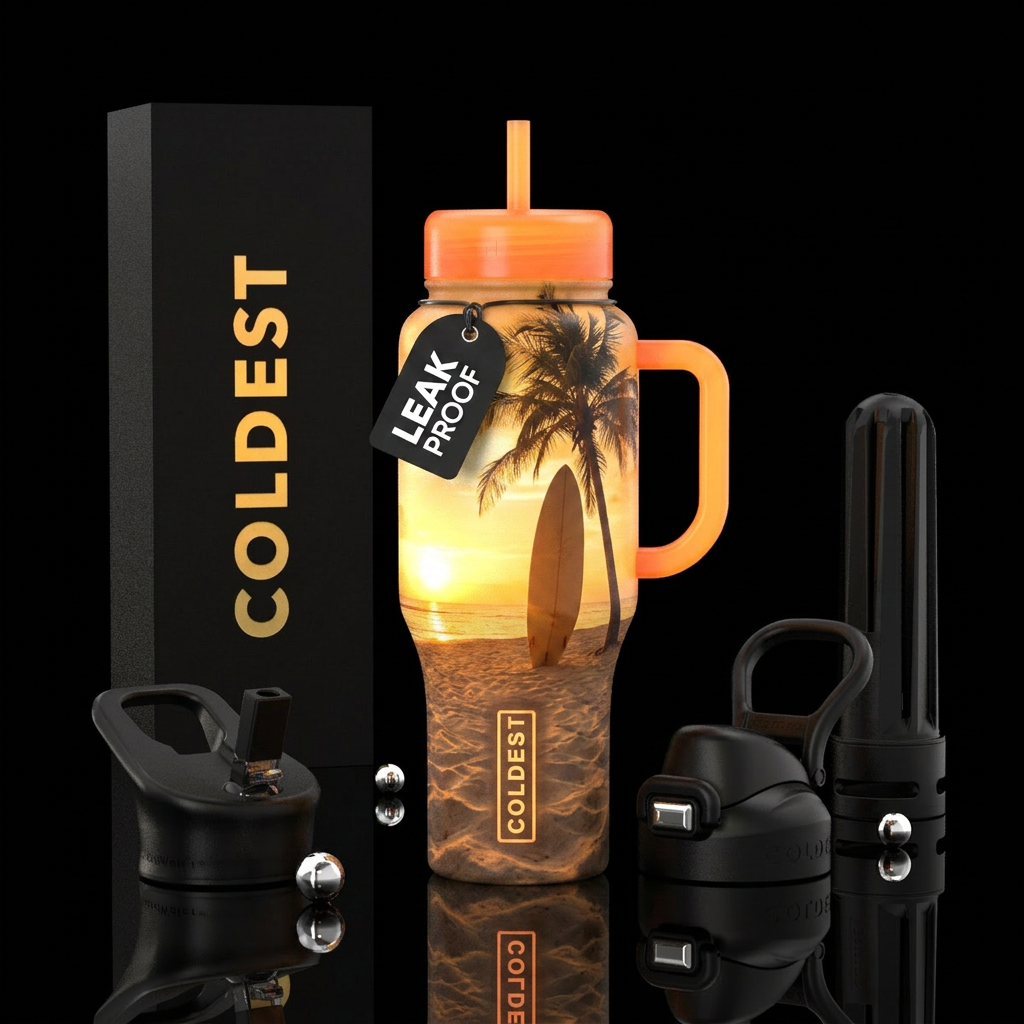 Beach, surfboard leaning against a palm tree. Sun ... water bottle design