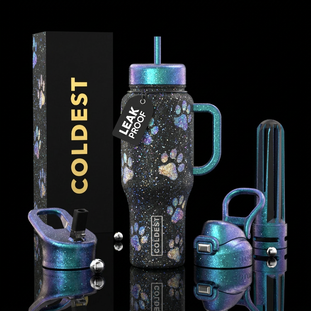 Paw prints in the snow, sparkly water bottle design