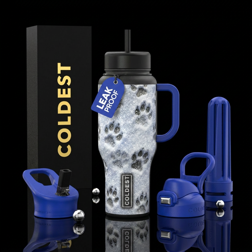 Paw prints in the snow, sparkly water bottle design
