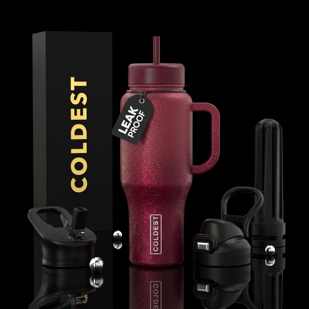 wine red, ombre, sparkly water bottle design