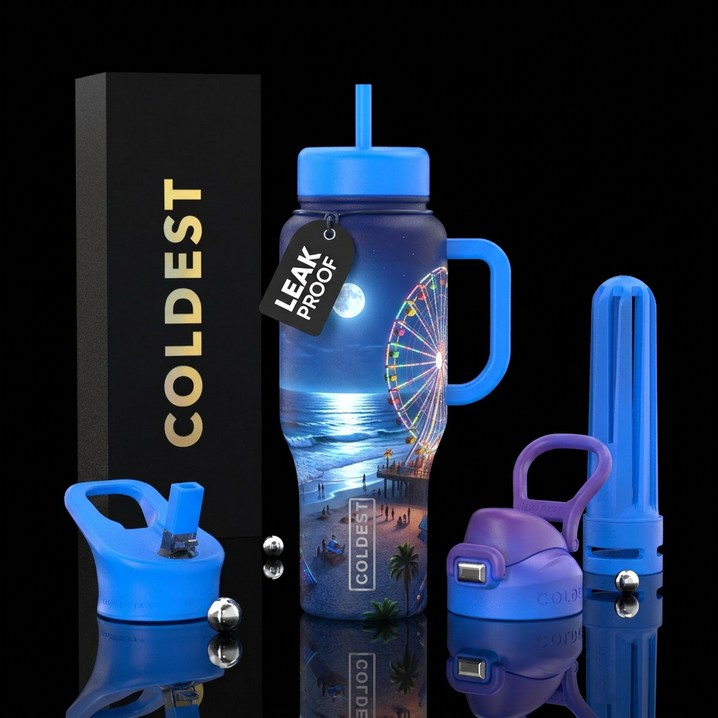 Beach,  ferris wheel, night time full moon, glowie water bottle design