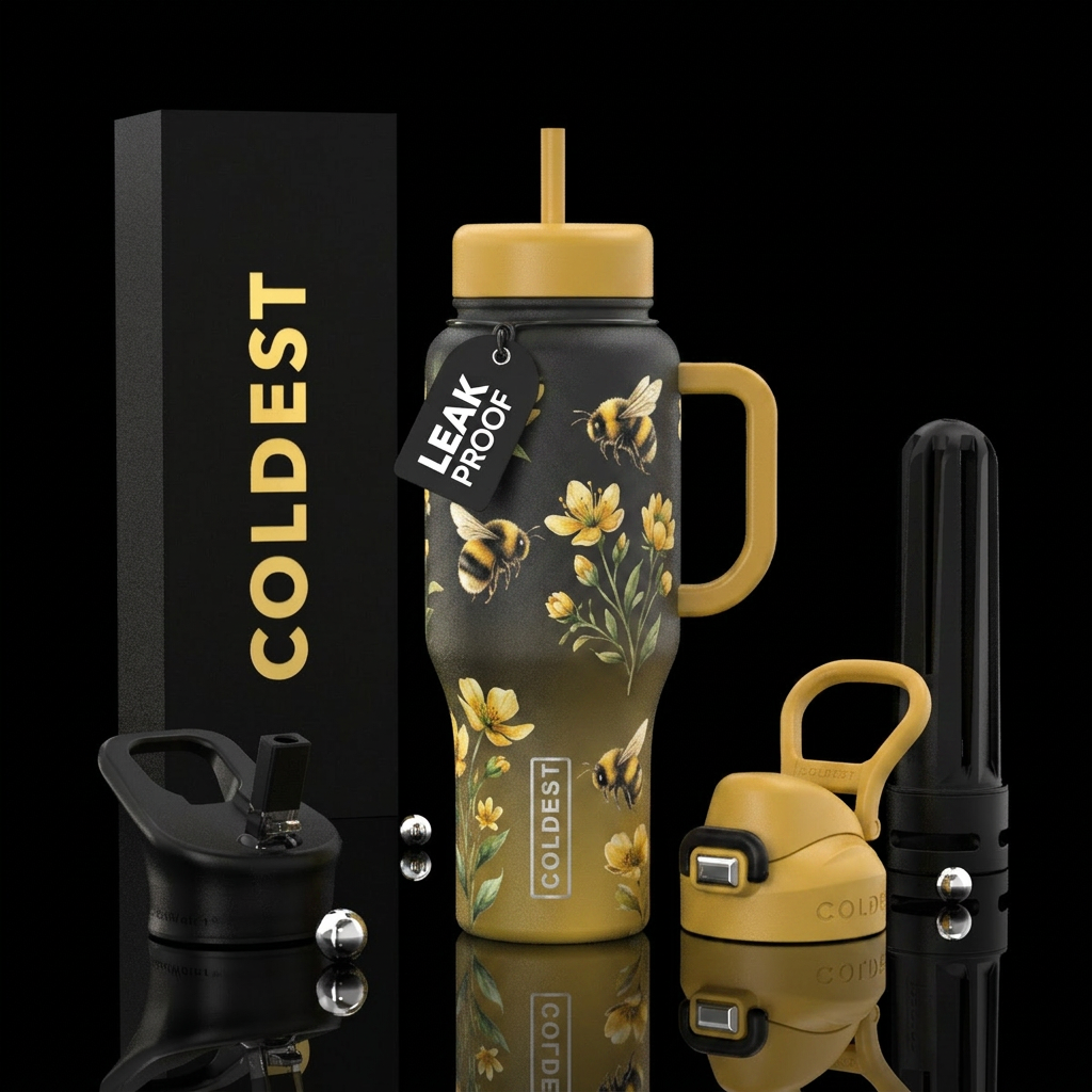Fuzz cute little Bumblebees, flowers water bottle design