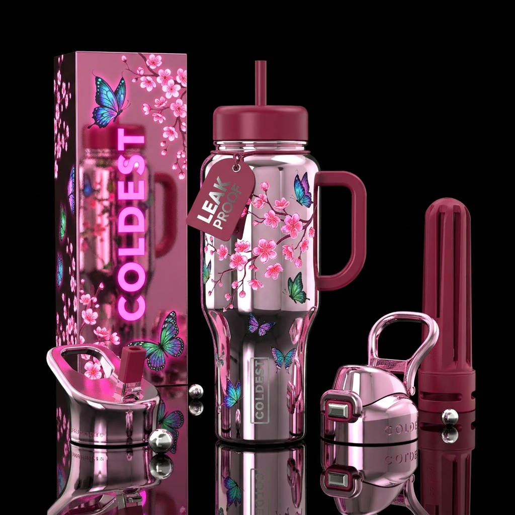 chrome, cherry blossom,  enchanted,  butterflies water bottle design