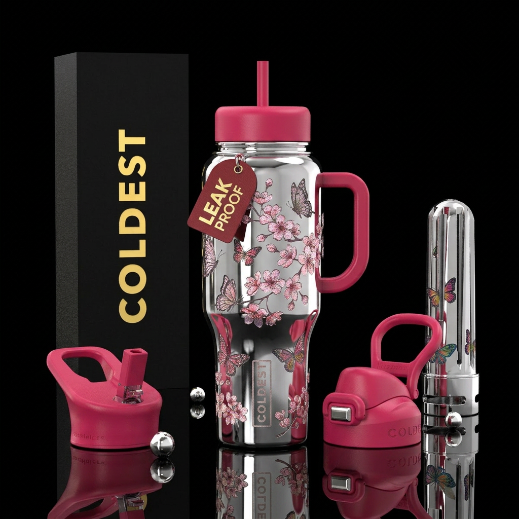 chrome, cherry blossom,  enchanted,  butterflies water bottle design