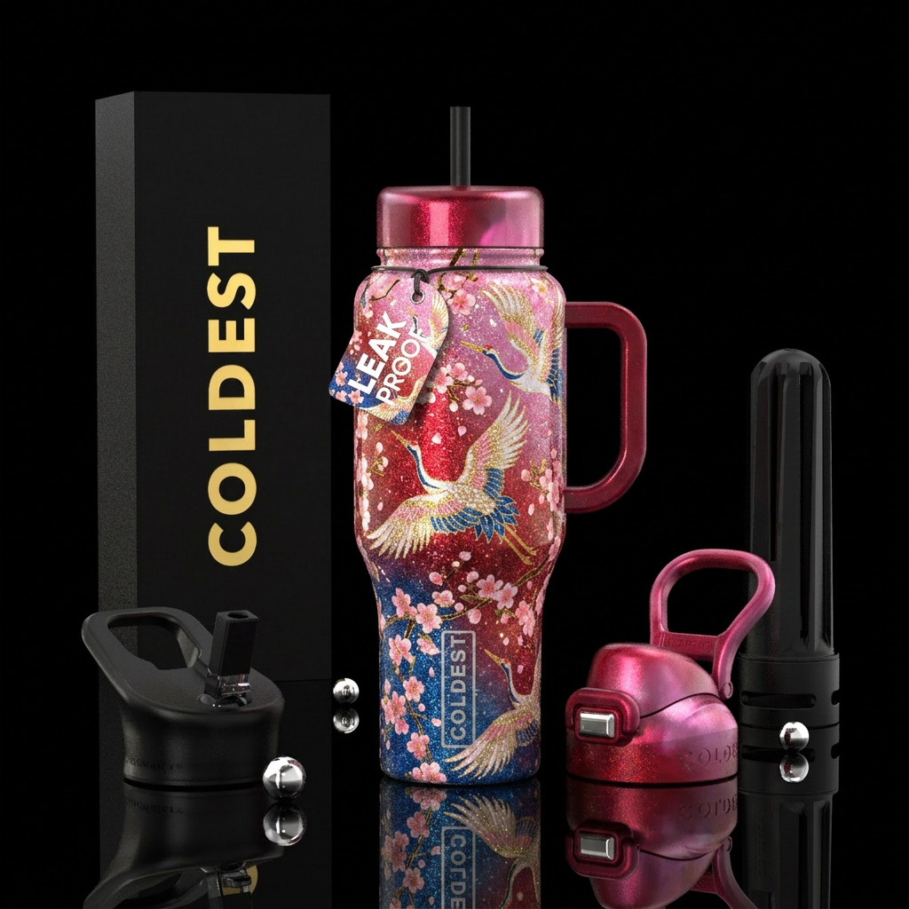 crane, japanese, cherry blossom, sparkly water bottle design