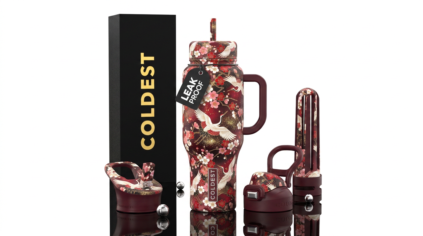 crane, japanese, cherry blossom, sparkly water bottle design