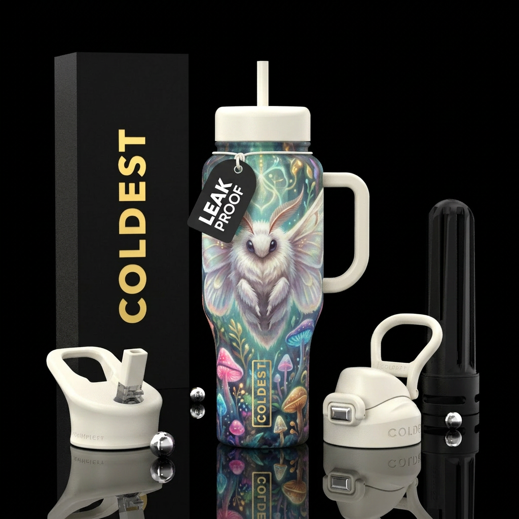 Fuzzy white moth ,, fantasy, beautiul, painting water bottle design