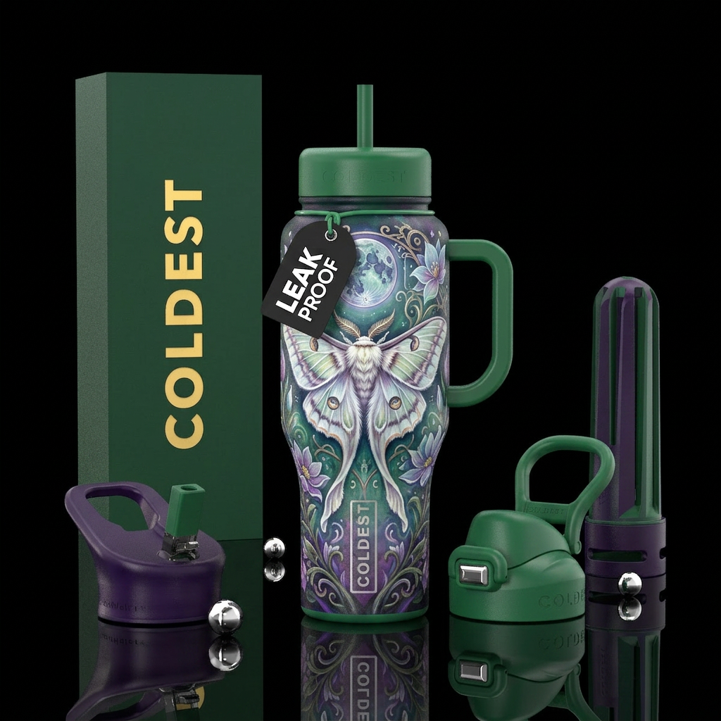 Fuzzy white moth ,, fantasy, beautiul, painting water bottle design
