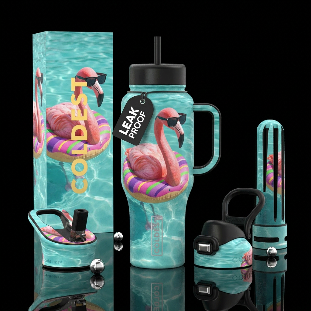 Pink Flamingo wearing a fun floatie wearing sungla... water bottle design
