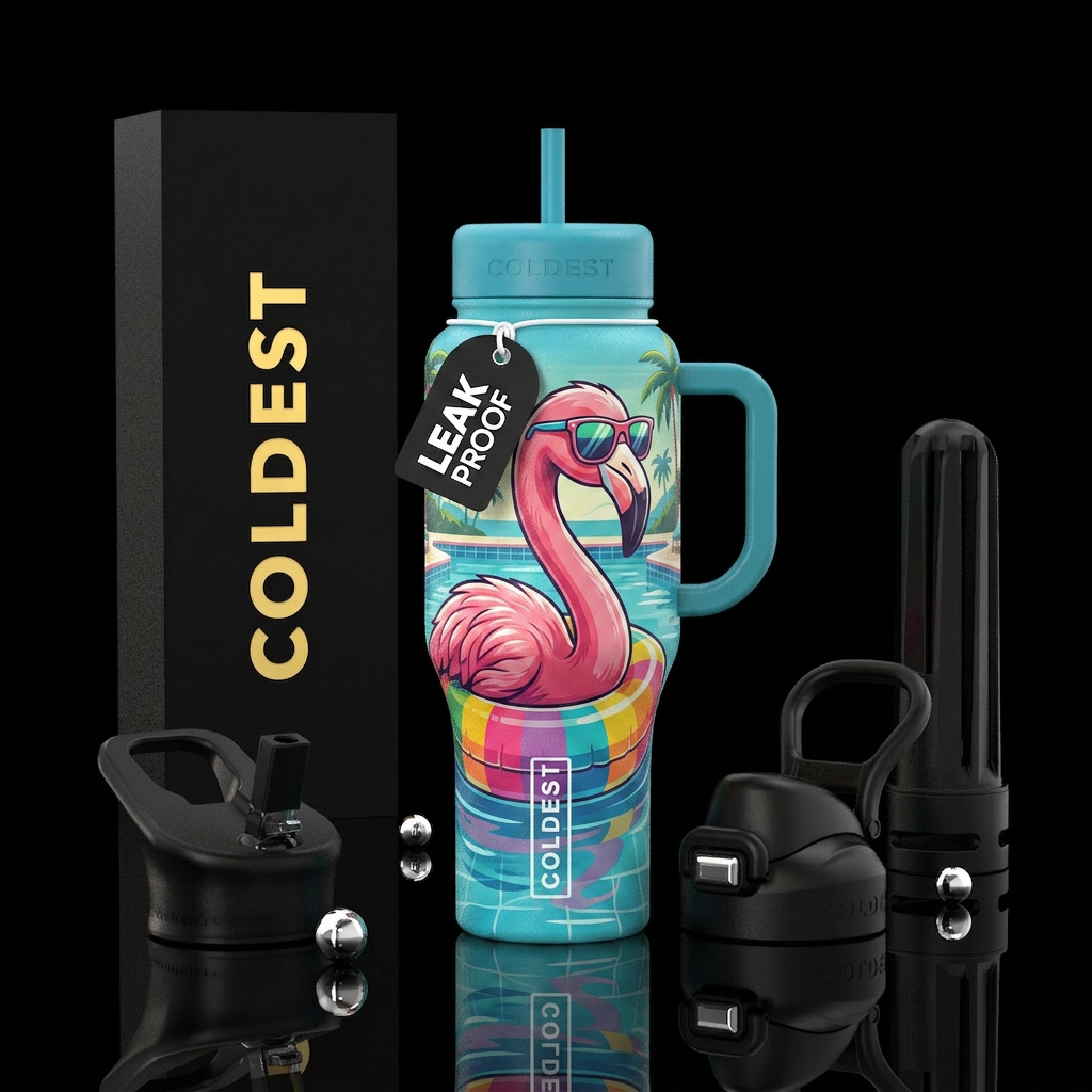 Pink Flamingo wearing a fun floatie wearing sungla... water bottle design