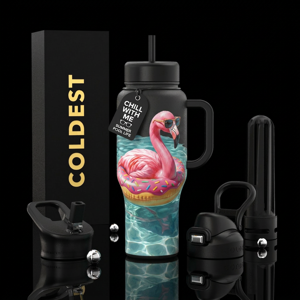 Pink Flamingo wearing a fun floatie wearing sungla... water bottle design
