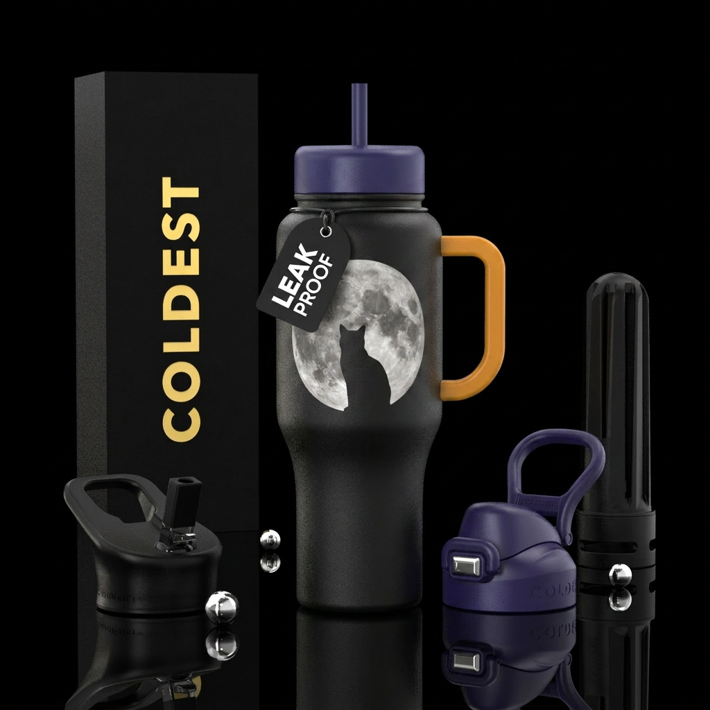 Black matte bottle,  with a full moon and a black ... water bottle design