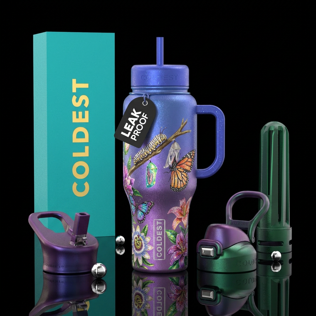 Caterpillar turning into a butterfly, sparkly, bea... water bottle design