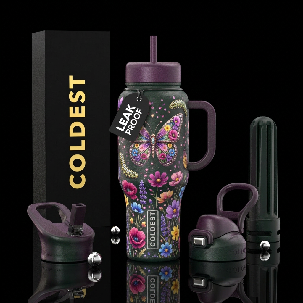 Caterpillar turning into a butterfly, sparkly, bea... water bottle design