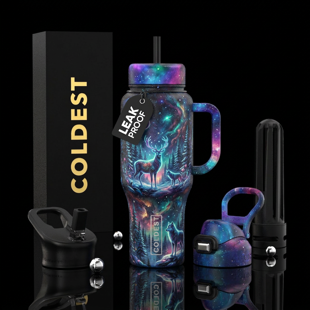 deer, glowie,  wolf  winter, forest water bottle design