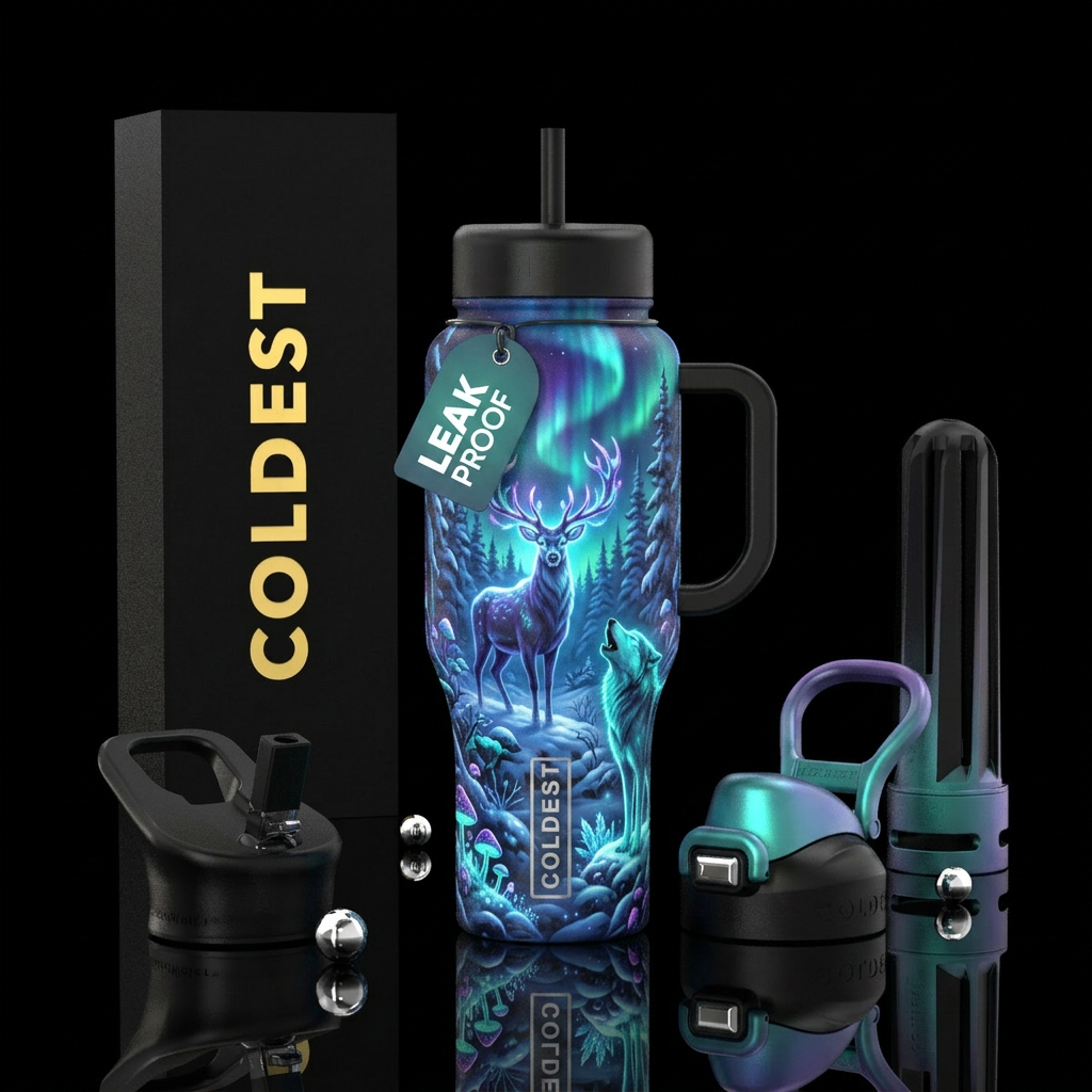 deer, glowie,  wolf  winter, forest water bottle design
