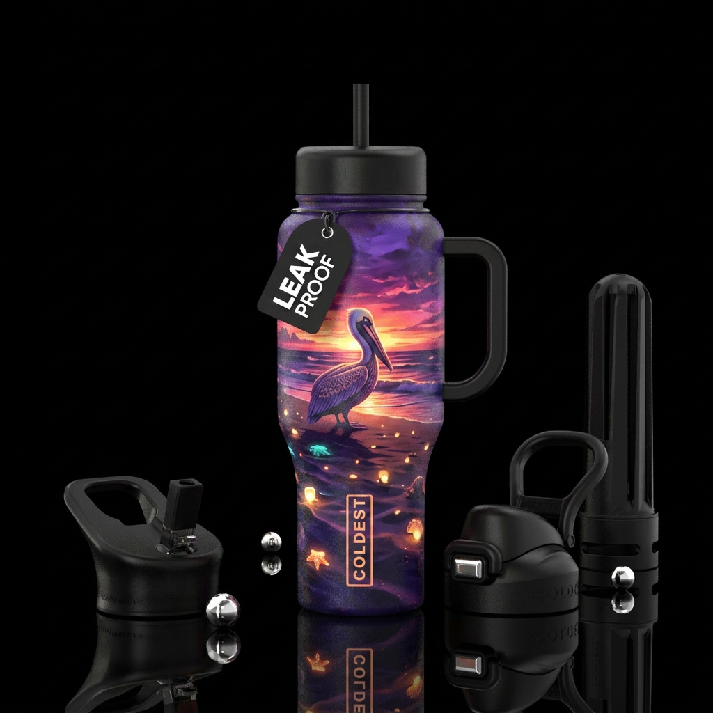 pelican, glowie, sunset,  beach water bottle design