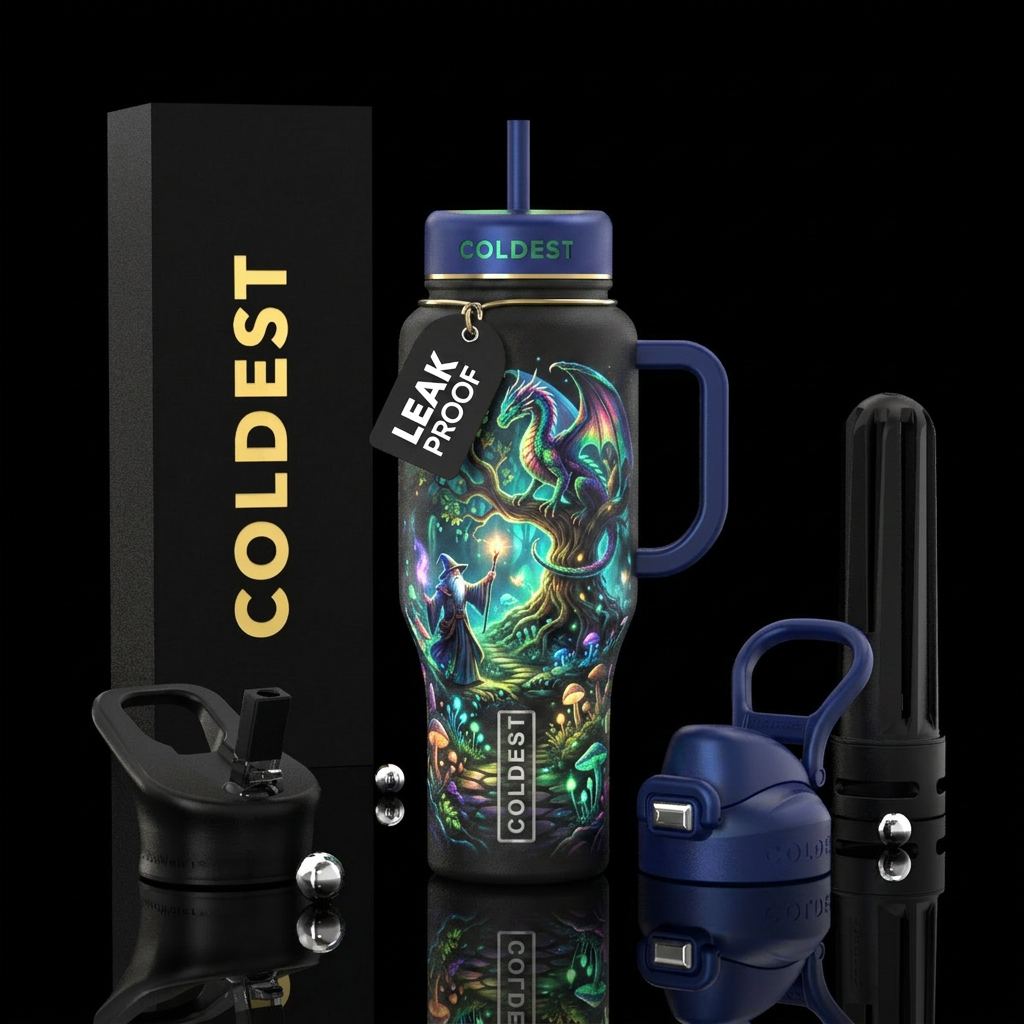 dragon, wizard, glowie, secret garden, fantasy water bottle design