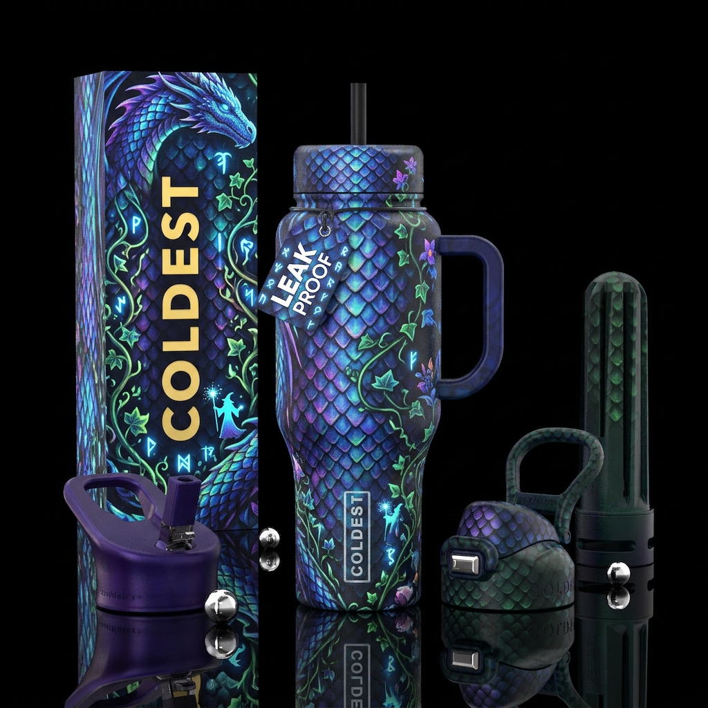 dragon, wizard, glowie, secret garden, fantasy water bottle design