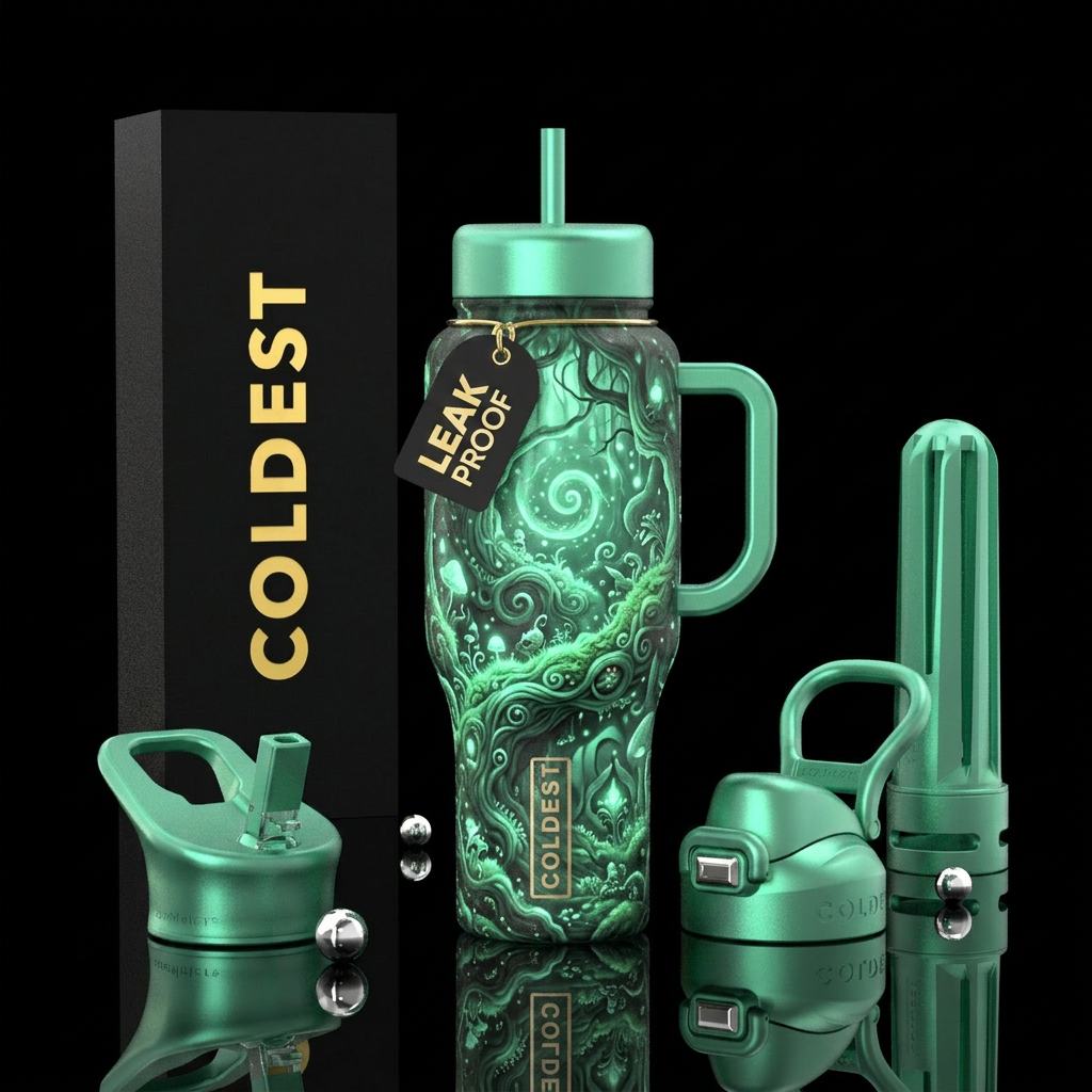 mint, glowie, swirls, whimsical, enchanted, forest water bottle design