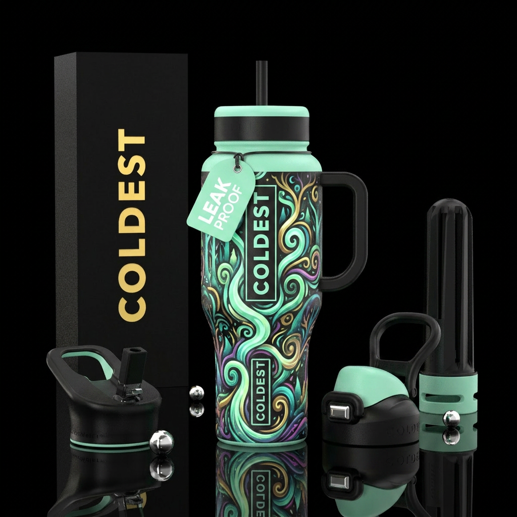 mint, glowie, swirls, whimsical, enchanted, forest water bottle design