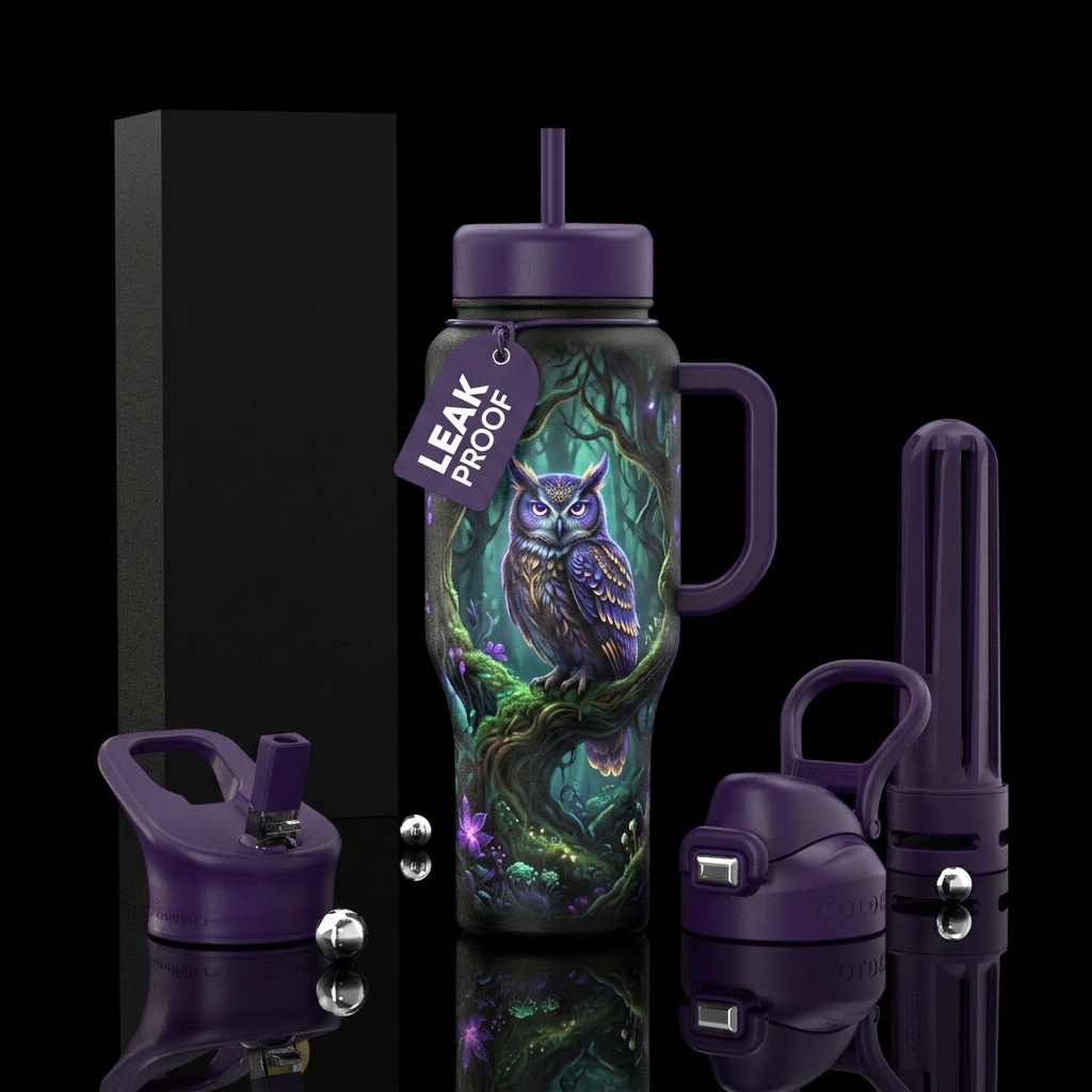 enchanted forest, owl, glowie water bottle design