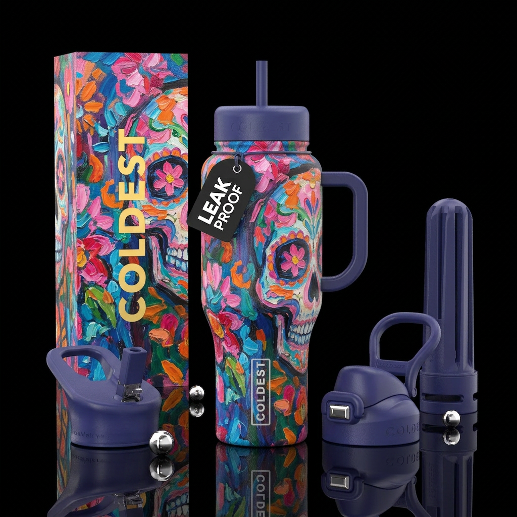 oil painted, abstract, dreamy, dia de los muertos water bottle design