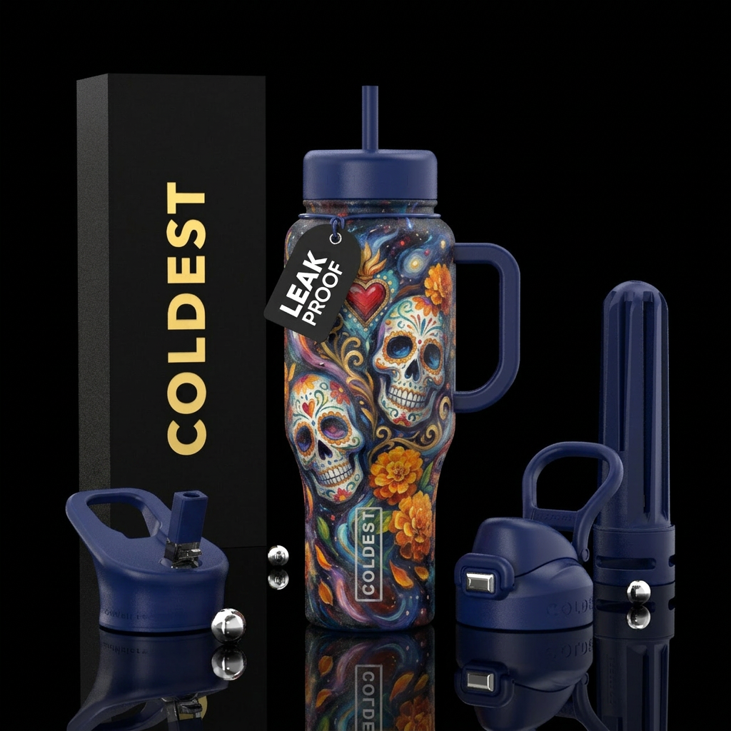 oil painted, abstract, dreamy, dia de los muertos water bottle design