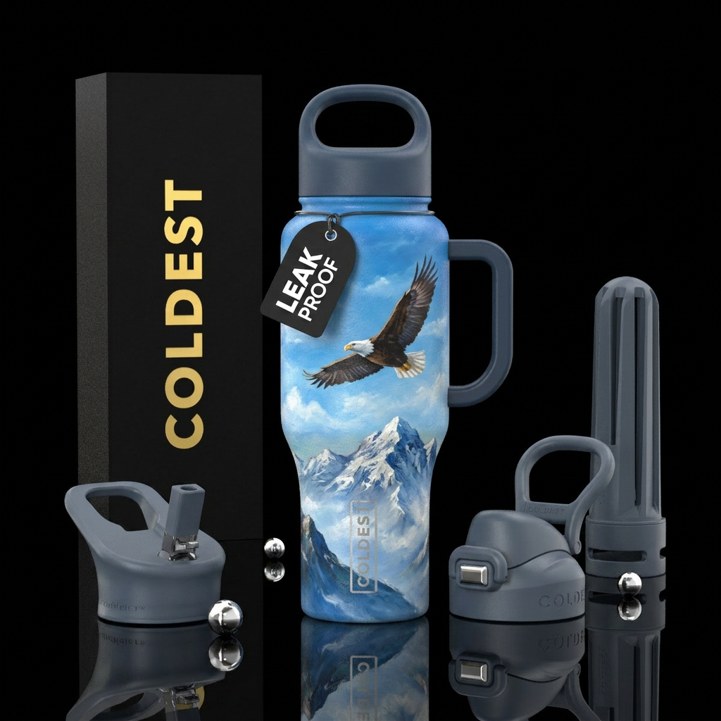 Eagle flying about mountains, with blue sky., oil ... water bottle design
