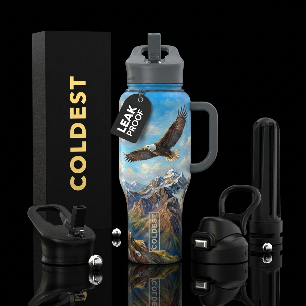 Eagle flying about mountains, with blue sky., oil ... water bottle design