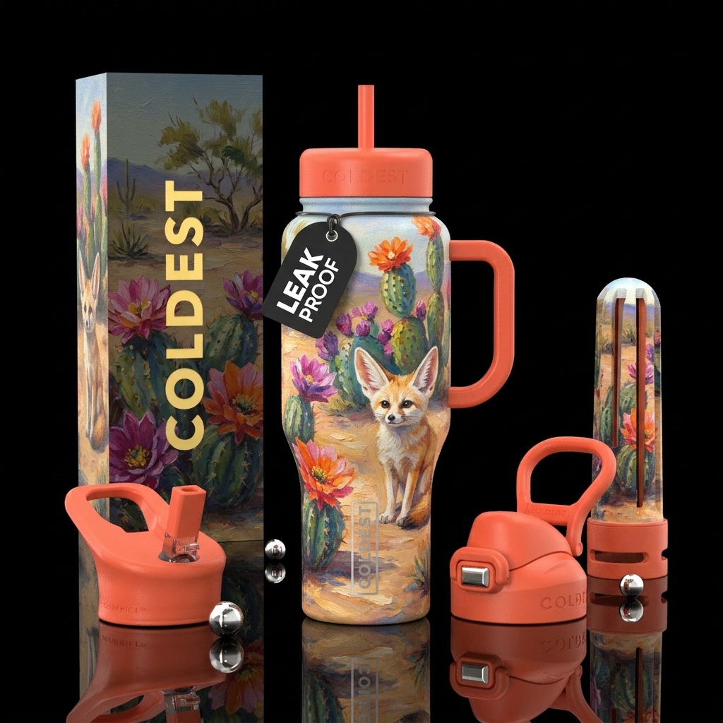 Blooming cactus, desert, fennec fox, oil painted water bottle design