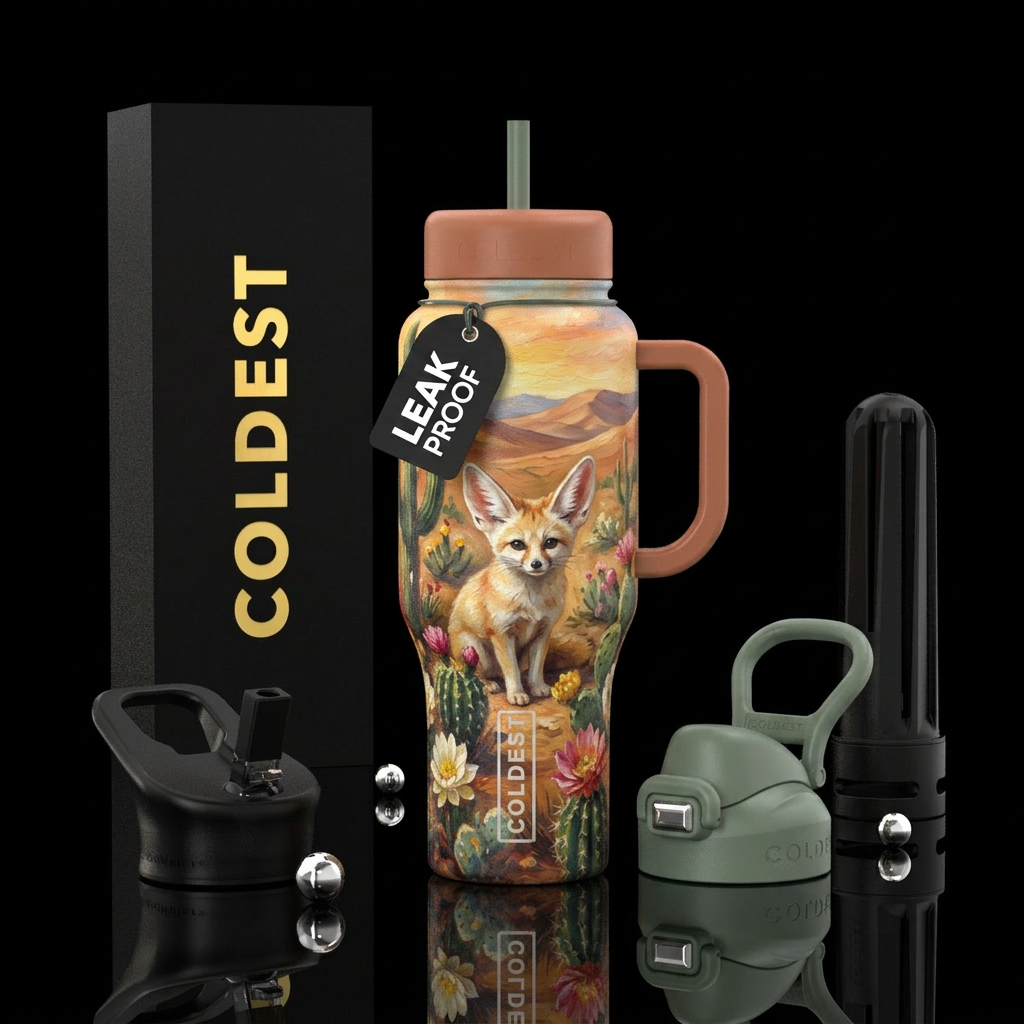 Blooming cactus, desert, fennec fox, oil painted water bottle design