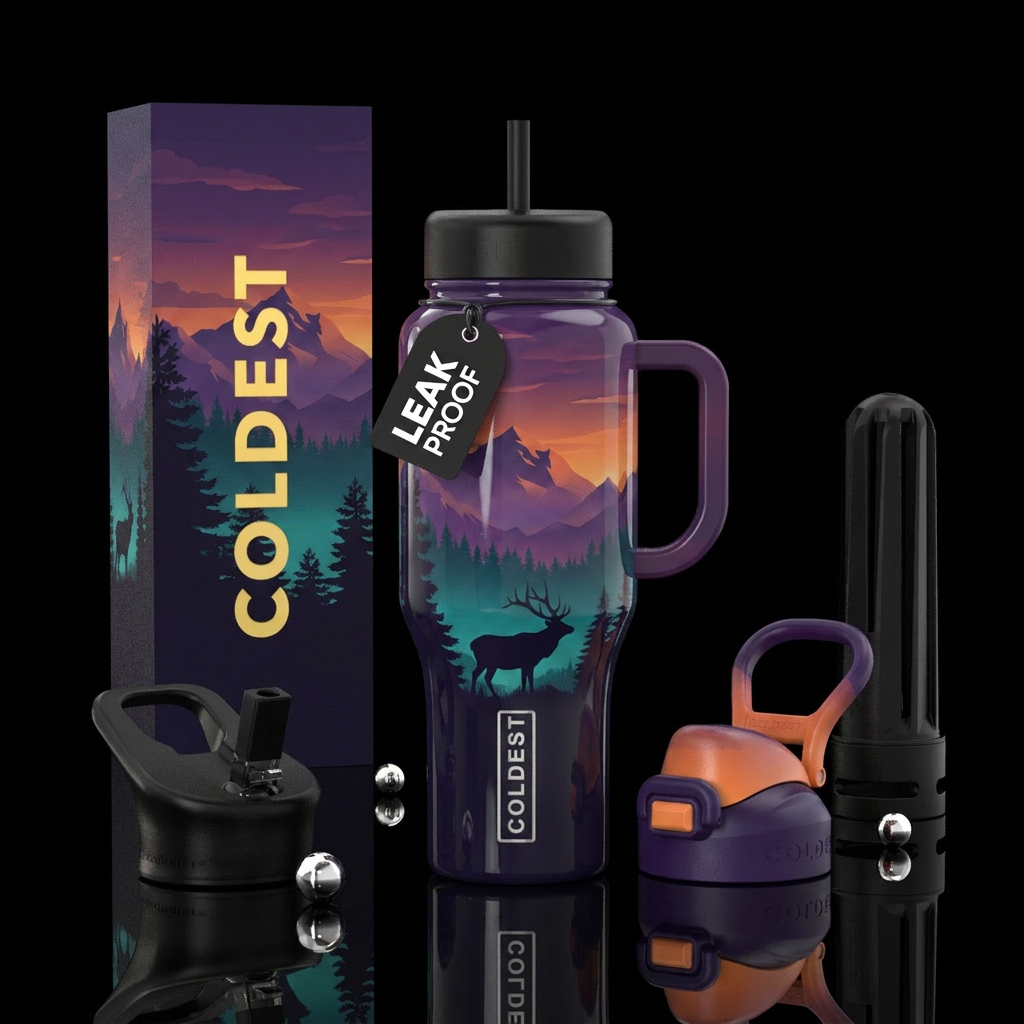 mountains, elk, twilight. Forest water bottle design