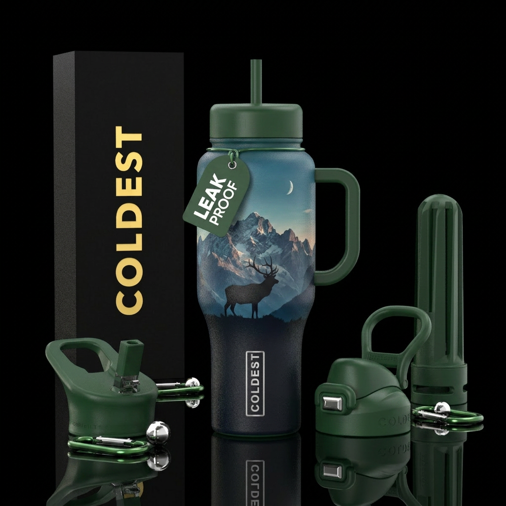 mountains, elk, twilight. Forest water bottle design