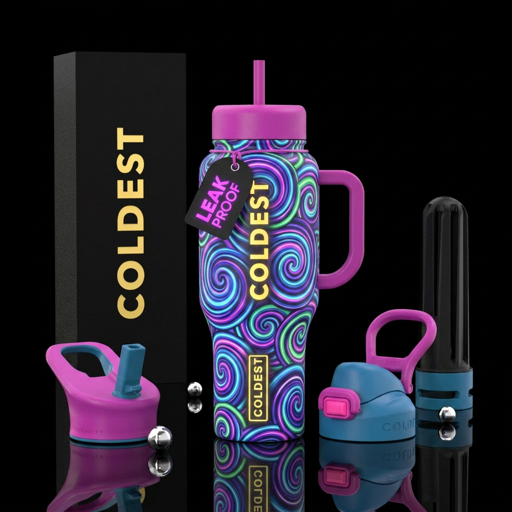 retro 80s, glowie, cartoon, spirals water bottle design