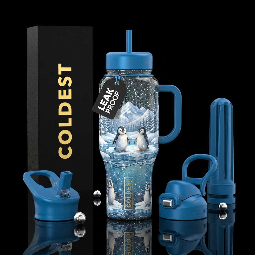 Winter wonderland,  sparkly,  penguins,  water water bottle design